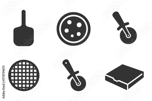 Pizza tools icons: cutter, peel, box, pie, grill, wheel set.
