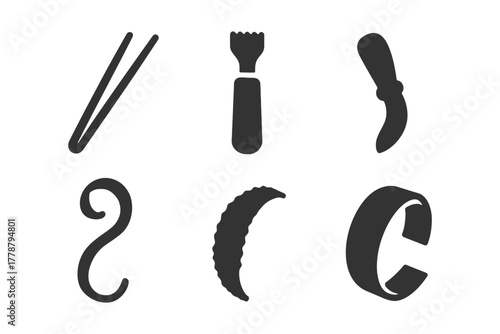 Silhouette set of six clay sculpting tools for detailed pottery craft.