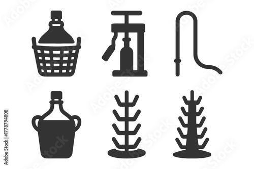 Vintage wine tools collection: press, demijohn, drying rack icons.