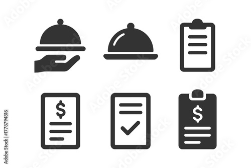 Set of restaurant and menu icons including tray and receipt symbols.