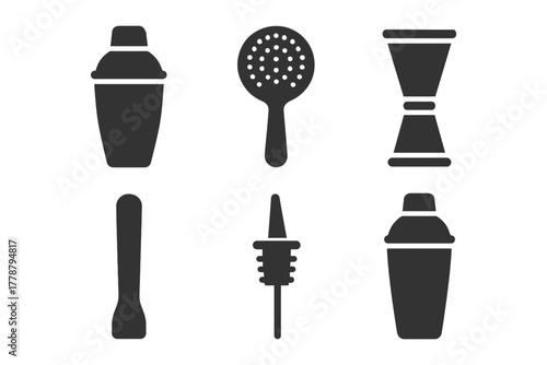 Cocktail bar tools set: shaker, strainer, jigger, muddler, pourer.