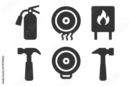 Fire safety equipment icons: extinguisher, alarm, fire, hammer symbols.