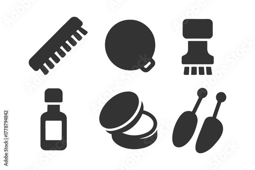 Silhouette icons: hairbrush, ball, scrub brush, bottle, compact, maracas.