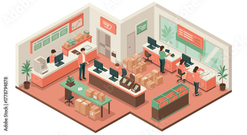 Modern isometric office with people working and organizing boxes in a shipping and logistics center