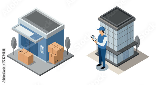 Isometric warehouse and office building with delivery man using tablet