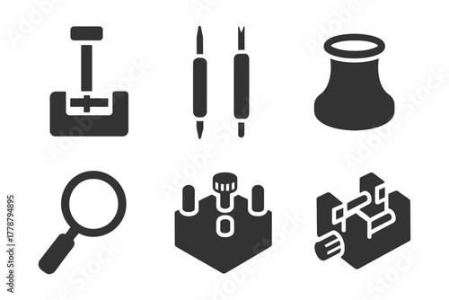 Assorted black tool icons on white background.