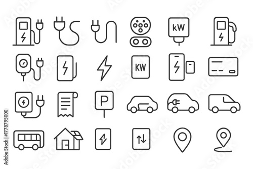 Electric vehicle charging icons set: outlets, cables, cars, stations, power indicators.