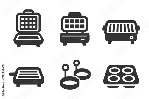 Silhouette icons of kitchen appliances including waffle maker and griddle.