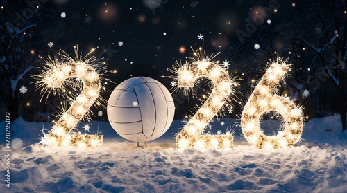 Celebrate the New Year 2026 with volleyball and fireworks in the snow.