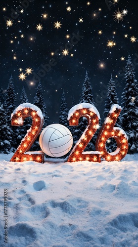 Celebrate the New Year 2026 with volleyball and fireworks in the snow.