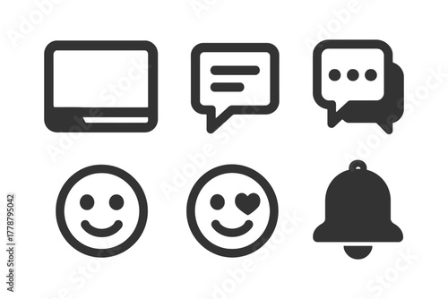 Simple icons: computer, chat bubbles, smiley faces, bell symbol.