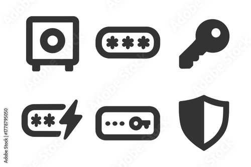 Security icons set featuring safe, password, key, lock, and shield symbols.