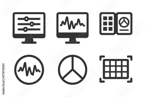 Interface icons: settings, analytics, and data visualization symbols.