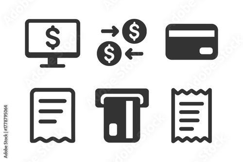 Financial icons set displaying transactions, card, atm, and receipts in simple black design.