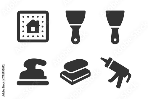 Home improvement tool icons: trowel, caulking gun, sander, sponge, tile.