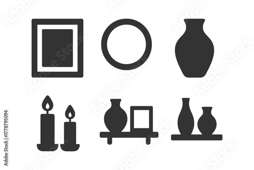 Decor elements icons: frames, vases, candles, shelves in black silhouette.