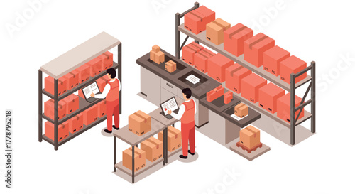 Isometric warehouse scene with workers managing inventory shelves and boxes