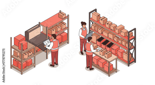 Efficient warehouse operations with workers and organized shelves in isometric design