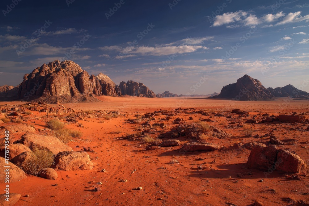 Obraz premium Exploring the breathtaking landscapes of Wadi Rum, Jordan at sunset with dramatic rock formations and vast desert terrain