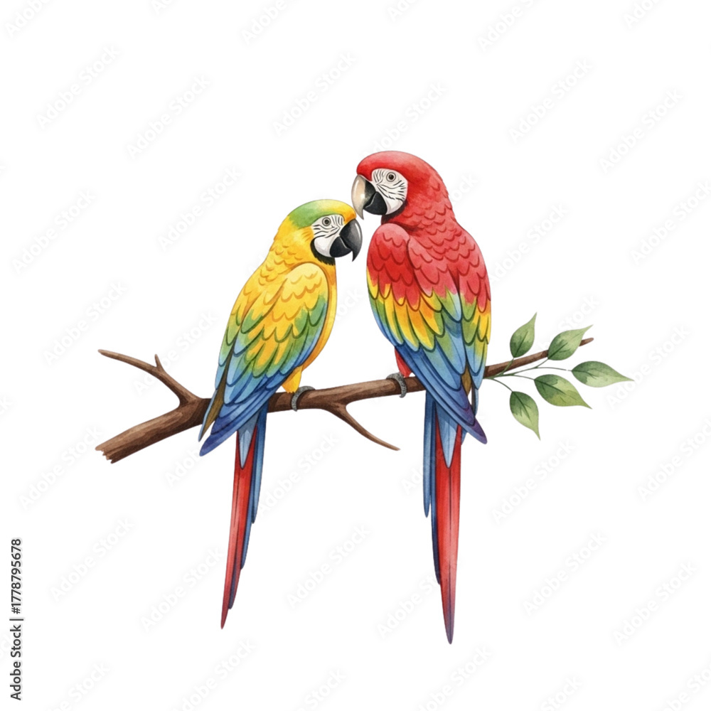 Fototapeta premium Bright and colorful illustration of two macaws in love. Symbol of tropical beauty, connection, and exotic bird companionship