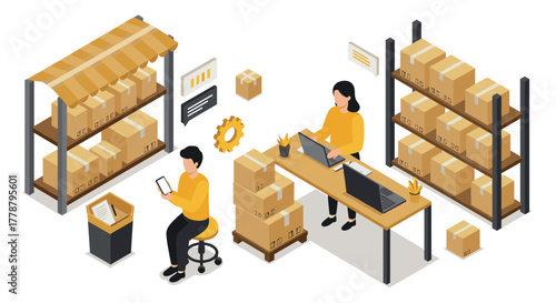 Efficient warehouse management scene with workers using technology in modern warehouse