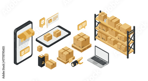 Isometric ecommerce and logistics concepts with packages and digital devices
