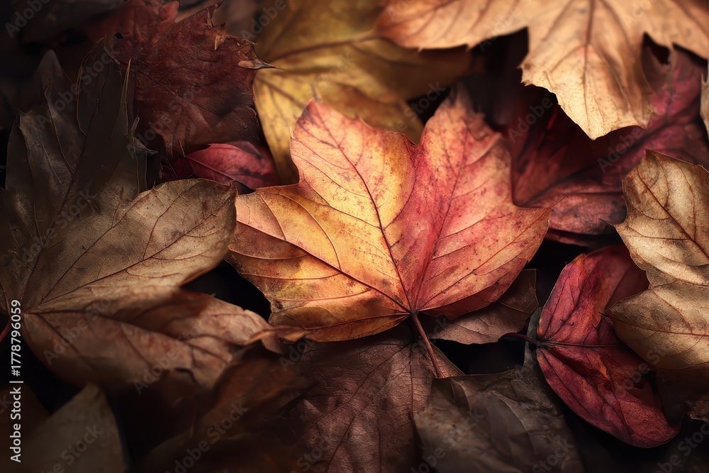 Obraz premium Vibrant autumn leaves carpet the ground, showcasing various shades of red, orange, and brown in a serene natural setting