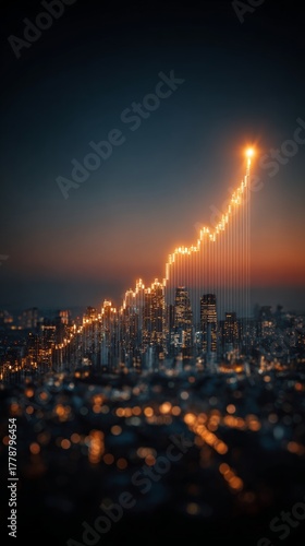 Energizing global skyline a luminous gold graph rising up in the happy city landscape