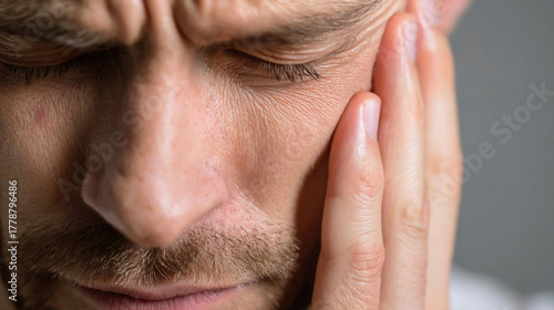 The man is holding his cheekbones and grimacing. The man has a headache or toothache.