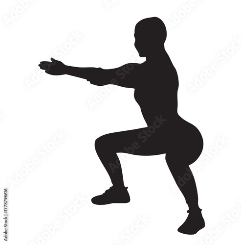 Squat Exercise Silhouette, Isolated on White Background