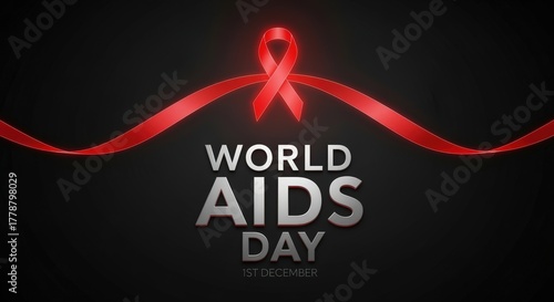 Show your support for World AIDS Day with this bold, impactful graphic featuring a red ribbon on a modern black background, perfect for raising awareness