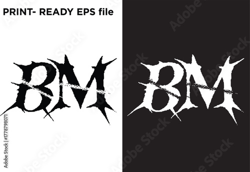 Extreme metal style 'BM' typography vector logo with jagged edges and distressed textures, presented in stark black and white, conveying heavy music, dark aesthetics, aggressive branding, and print-re