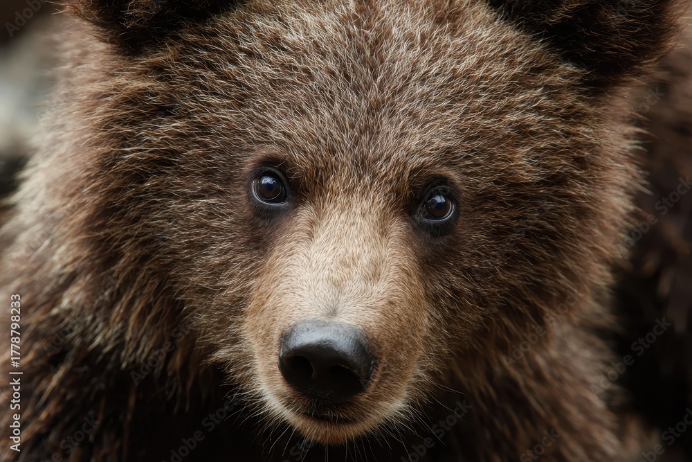 Obraz premium Closeup view of a wild brown bear cub showcasing its curious expression in a forested area during daylight