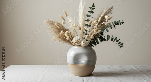 Dried flower arrangement in a ceramic vase on a table with white cloth