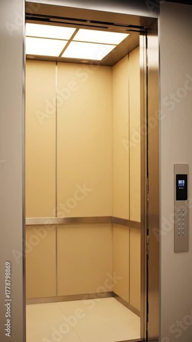Modern elevator interior, open, with button panel, illuminated ceiling, and light-colored walls