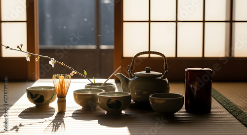Japanese tea ceremony setting with teapot and cups in traditional room