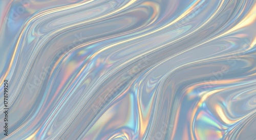Abstract iridescent holographic background with fluid wavy patterns and shifting colors.