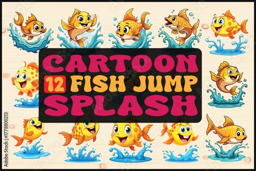 Cartoon fish jumping and splashing, happy colorful