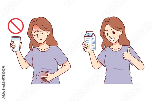 Lactose intolerance concept. Woman with stomach pain after drinking milk. Dairy allergy or digestive problem illustration.