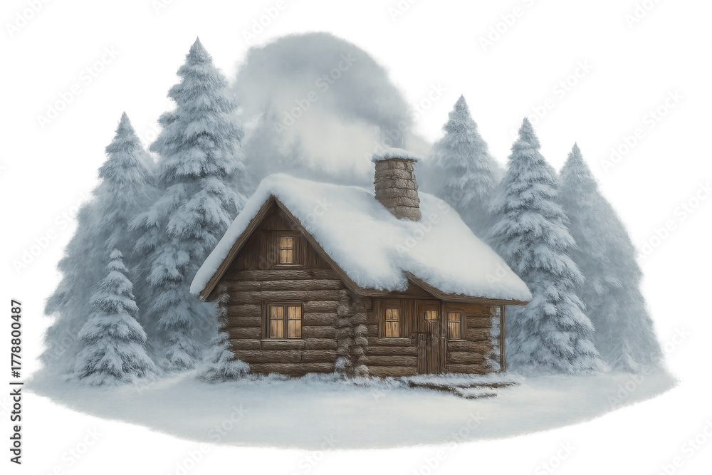 Naklejka premium Log cabin in winter forest, smoke rising from chimney, cozy rustic cottage covered in snow illustration with transparent background