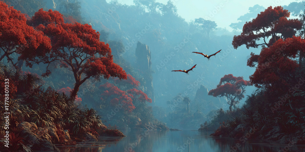 Fototapeta premium Prehistoric forest with dinosaurs and pterodactyls over lush vegetation and mountains