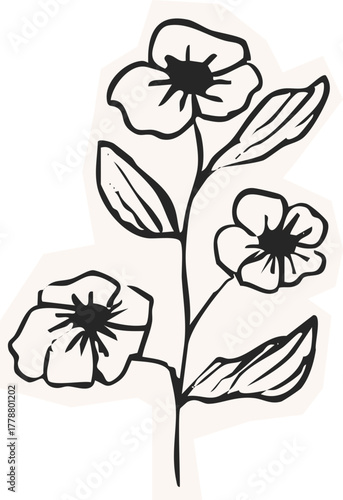 Minimalist Plant Illustration Cutout Paper. Wild forest herbs and flowers vintage textured chalk drawing sketch