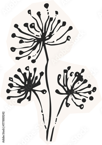Minimalist Plant Illustration Cutout Paper. Wild forest herbs and flowers vintage textured chalk drawing sketch