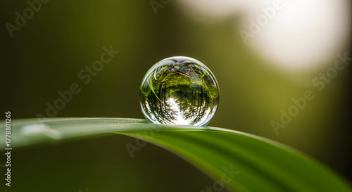 Close up of a water droplet on a leaf reflecting the surrounding trees