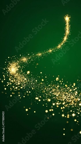 Golden light trail against a dark green background, culminating in a bright star