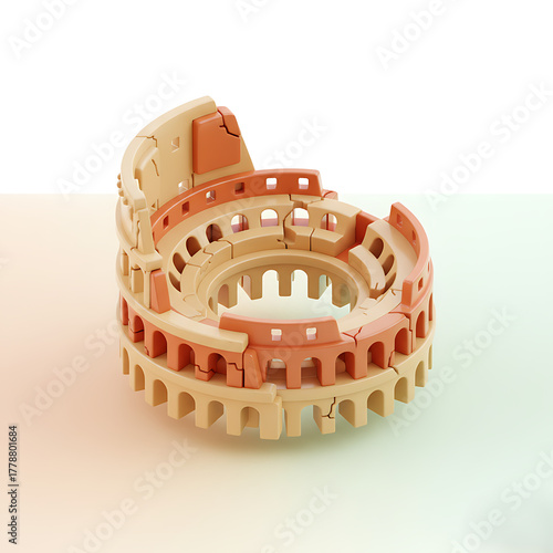 3D isometric illustration of the Colosseum in Rome in a stylized, minimalist design