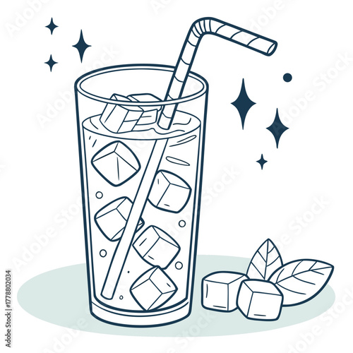 A glass of ice water with a straw