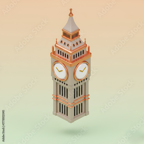 3D isometric illustration of the Big Ben clock tower in London on a gradient background