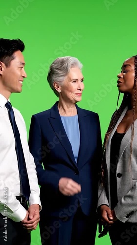 Three diverse people in business attire standing against a green backdrop