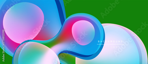 Abstract fluid shapes overlap, creating vibrant color gradients. Green background complements blue, pink hues. Modern design element.